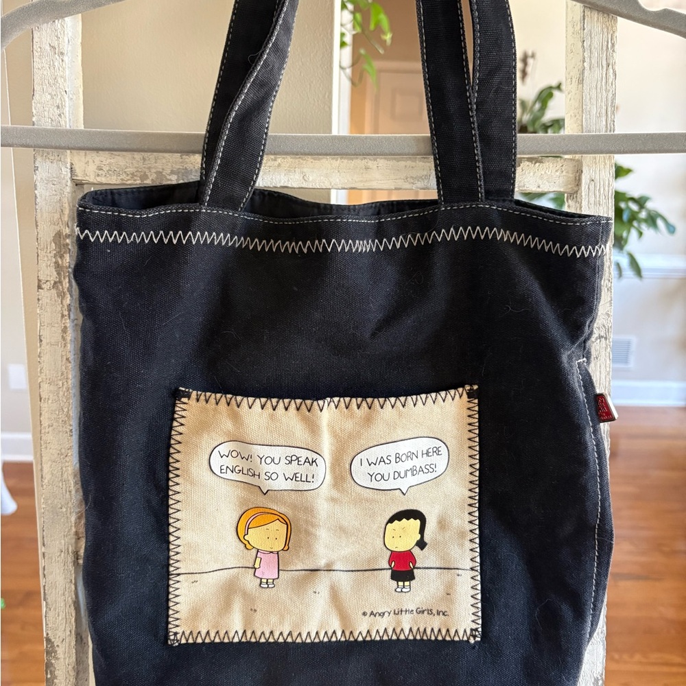 Black Canvas Tote Bag with Cartoon Design